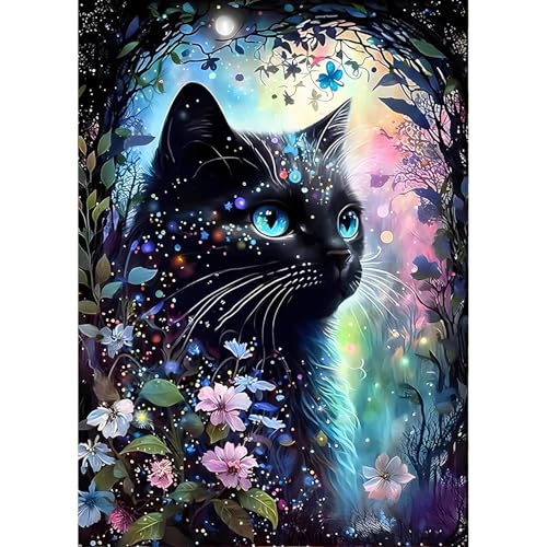 QINRUBB DIY Schwarze Katze Diamond Painting Erwachsene, 5D Kätzchen Diamant Painting Bilder Anfänger, Runder Blumen Vollbohrer Diamanten Malerei Stickerei Kreuzstich Geschenke Home Wand Dekor 30x40cm von QINRUBB