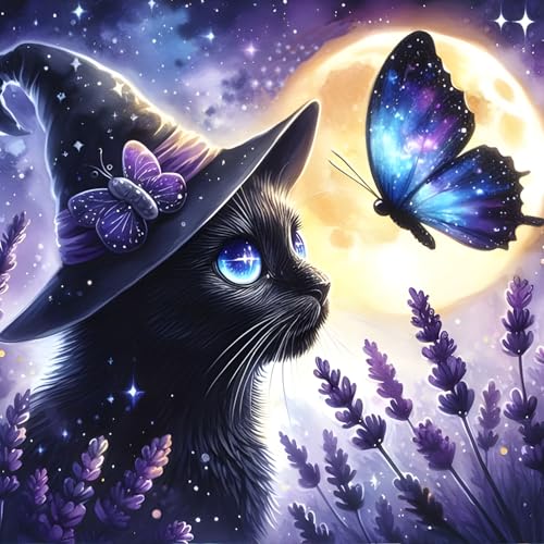 QINRUBB DIY Schwarze Katze Diamond Painting Erwachsene, 5D Schmetterling Diamant Painting Bilder Anfänger, Runder Vollbohrer Diamanten Malerei Stickerei Kreuzstich Geschenke Home Wand Dekor 30x30cm von QINRUBB