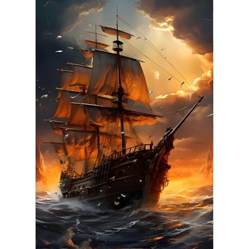 QINRUBB DIY Segelboot Diamond Painting Erwachsene, 5D Retro Diamant Painting Bilder Anfänger, Schiff Runder Vollbohrer Diamanten Malerei Stickerei Kreuzstich Geschenke Home Wand Dekor 30x40cm von QINRUBB