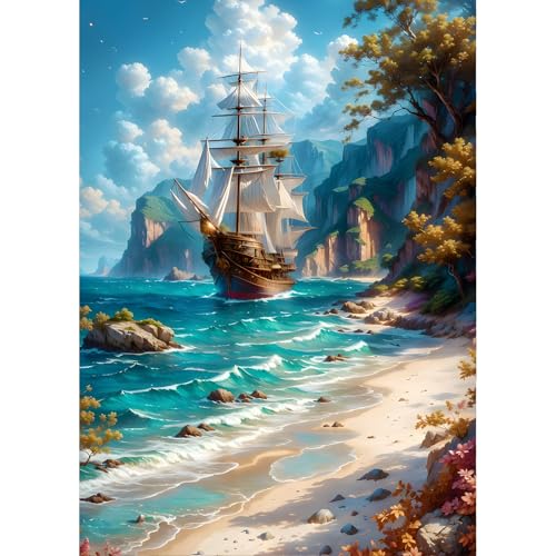 QINRUBB DIY Segelboot Diamond Painting Erwachsene, 5D Strand Diamant Painting Bilder Anfänger, am Meer Runder Vollbohrer Diamanten Malerei Stickerei Kreuzstich Geschenke Home Wand Dekor 30x40cm von QINRUBB