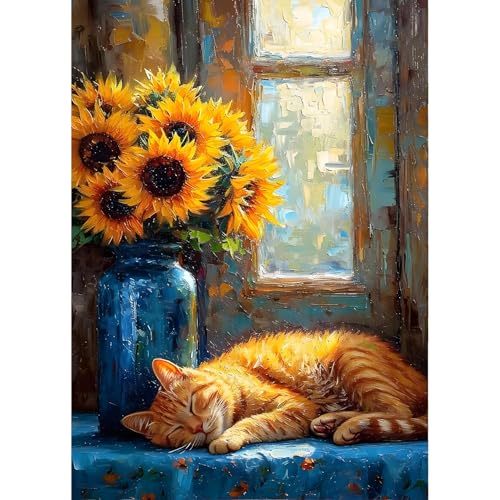 QINRUBB DIY Sonnenblumen Diamond Painting Erwachsene, 5D Blumen Diamant Painting Bilder Anfänger, Kitten Runder Vollbohrer Diamanten Malerei Stickerei Kreuzstich Geschenke Home Wand Dekor 30x40cm von QINRUBB