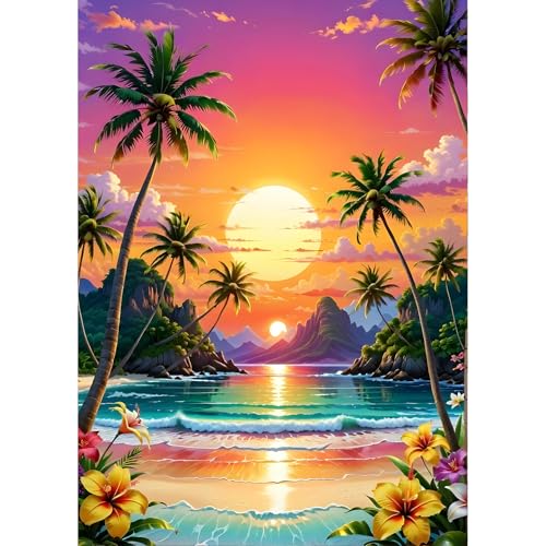 QINRUBB DIY Sonnenuntergang Diamond Painting Erwachsene, 5D Strand Diamant Painting Bilder Anfänger, am Meer Runder Vollbohrer Diamanten Malerei Stickerei Kreuzstich Geschenke Home Wand Dekor 30x40cm von QINRUBB