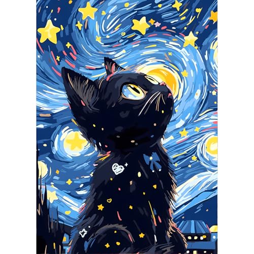 QINRUBB DIY Sternenhimmel Diamond Painting Erwachsene, 5D Schwarze Katze Diamant Painting Bilder Anfänger, Runder Vollbohrer Diamanten Malerei Stickerei Kreuzstich Geschenke Home Wand Dekor 30x40cm von QINRUBB