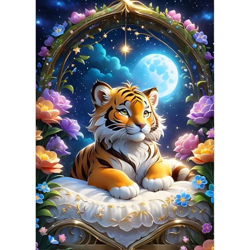 QINRUBB DIY Tiger Diamond Painting Erwachsene, 5D Mond Diamant Painting Bilder Anfänger, Blumen Runder Vollbohrer Diamanten Malerei Stickerei Kreuzstich Geschenke Home Wand Dekor 30x40cm von QINRUBB