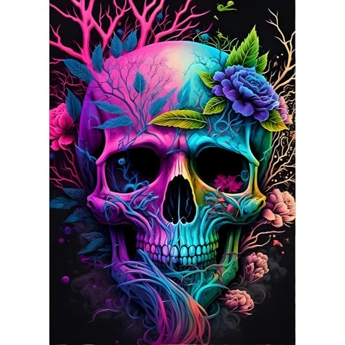 QINRUBB DIY Totenkopf Diamond Painting Erwachsene, 5D Skelett Diamant Painting Bilder Anfänger, Runder Blumen Vollbohrer Diamanten Malerei Stickerei Kreuzstich Geschenke Home Wand Dekor 30x40cm von QINRUBB