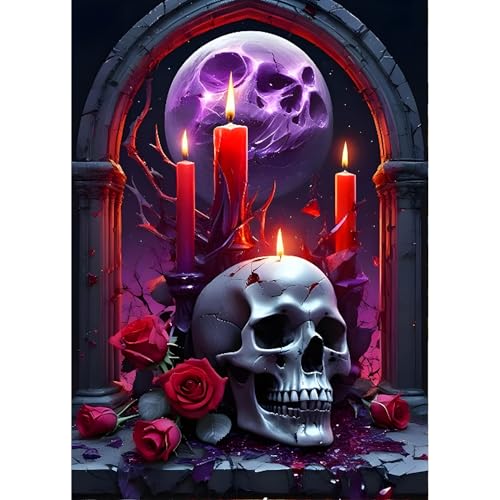 QINRUBB DIY Totenkopf Diamond Painting Erwachsene, 5D Skelett Diamant Painting Bilder Anfänger, Runder Kerze Vollbohrer Diamanten Malerei Stickerei Kreuzstich Geschenke Home Wand Dekor 30x40cm von QINRUBB