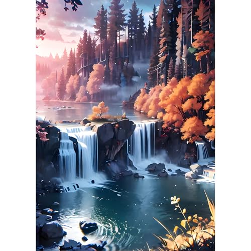 QINRUBB DIY Wasserfall Diamond Painting Erwachsene, 5D Wald Diamant Painting Bilder Anfänger, Herbst Runder Vollbohrer Diamanten Malerei Stickerei Kreuzstich Geschenke Home Wand Dekor 30x40cm von QINRUBB