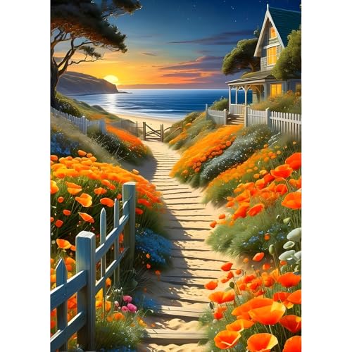 QINRUBB DIY Weg Diamond Painting Erwachsene, 5D am Meer Diamant Painting Bilder Anfänger, Blumen Runder Vollbohrer Diamanten Malerei Stickerei Kreuzstich Geschenke Home Wand Dekor 30x40cm von QINRUBB