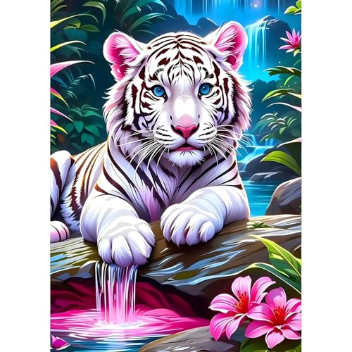 QINRUBB DIY Weißer Tiger Diamond Painting Erwachsene, 5D Tiger Diamant Painting Bilder Anfänger, Runder Blumen Vollbohrer Diamanten Malerei Stickerei Kreuzstich Geschenke Home Wand Dekor 30x40cm von QINRUBB