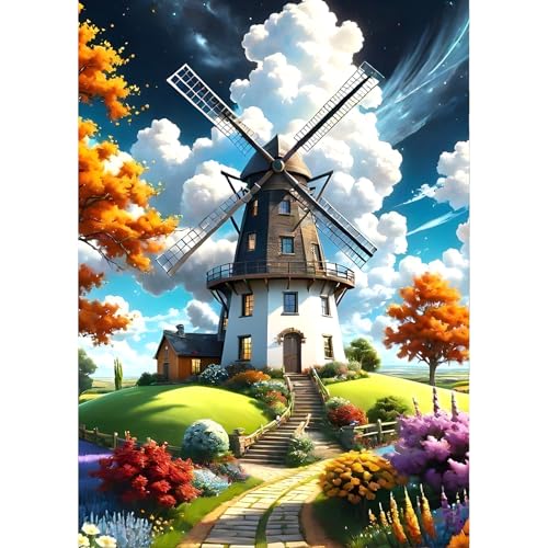 QINRUBB DIY Windmühlen Diamond Painting Erwachsene, 5D Park Diamant Painting Bilder Anfänger, Blumen Runder Vollbohrer Diamanten Malerei Stickerei Kreuzstich Geschenke Home Wand Dekor 30x40cm von QINRUBB