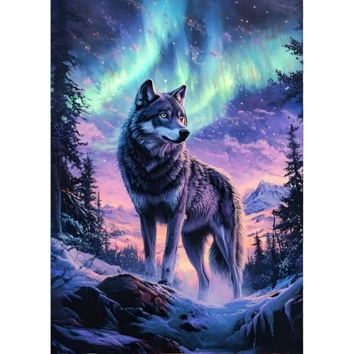 QINRUBB DIY Wolf Diamond Painting Erwachsene, 5D Nordlichter Diamant Painting Bilder Anfänger, Runder Wald Vollbohrer Diamanten Malerei Stickerei Kreuzstich Geschenke Home Wand Dekor 30x40cm von QINRUBB