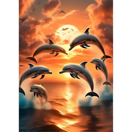 QINRUBB Delphin Diamond Painting Erwachsene, 5D Sonnenuntergang Diamant Painting Bilder Anfänger, DIY Meer Runder Vollbohrer Diamanten Malerei Stickerei Kreuzstich Geschenke Home Wand Dekor 30x40cm von QINRUBB