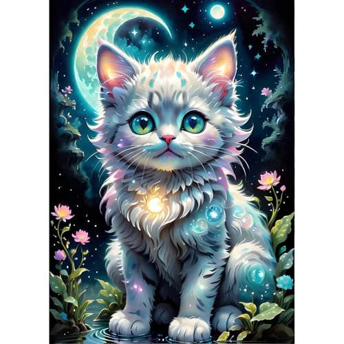 QINRUBB Kätzchen Diamond Painting Erwachsene, 5D Mondnacht Diamant Painting Bilder Anfänger, DIY Fantasie Runder Vollbohrer Diamanten Malerei Stickerei Kreuzstich Geschenke Home Wand Dekor 30x40cm von QINRUBB