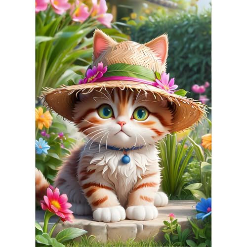 QINRUBB Katze mit Hut Diamond Painting Erwachsene, 5D Garten Diamant Painting Bilder Anfänger, DIY Blumen Runder Vollbohrer Diamanten Malerei Stickerei Kreuzstich Geschenke Home Wand Dekor 30x40cm von QINRUBB