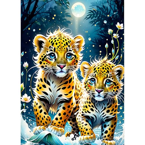 QINRUBB Leopard Diamond Painting Erwachsene, 5D Blumen Diamant Painting Bilder Anfänger, DIY Mondschein Runder Vollbohrer Diamanten Malerei Stickerei Set Kreuzstich Geschenke Home Wand Dekor 30x40cm von QINRUBB