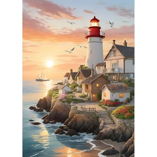 QINRUBB Leuchtturm Diamond Painting Erwachsene, 5D Sonnenuntergang Diamant Painting Bilder Anfänger, DIY Runder Vollbohrer Diamanten Malerei Stickerei Kreuzstich Geschenke Home Wand Dekor 30x40cm von QINRUBB