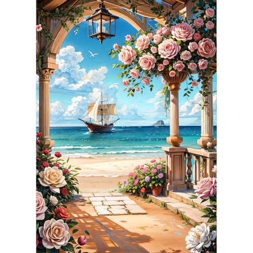 QINRUBB Meerblick Diamond Painting Erwachsene, 5D Blumen Diamant Painting Bilder Anfänger, DIY Segelboot Runder Vollbohrer Diamanten Malerei Stickerei Kreuzstich Geschenke Home Wand Dekor 30x40cm von QINRUBB