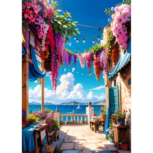 QINRUBB Meerblick-Terrasse Diamond Painting Erwachsene, 5D Blumen Diamant Painting Bilder Anfänger, DIY Runder Vollbohrer Diamanten Malerei Stickerei Kreuzstich Geschenke Home Wand Dekor 30x40cm von QINRUBB