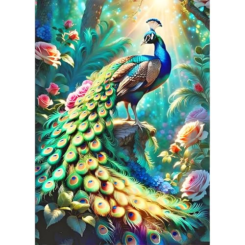 QINRUBB Pfau Diamond Painting Erwachsene, 5D Blumen Diamant Painting Bilder Anfänger, DIY Traumland Runder Vollbohrer Diamanten Malerei Stickerei Kreuzstich Geschenke Home Wand Dekor 30x40cm von QINRUBB