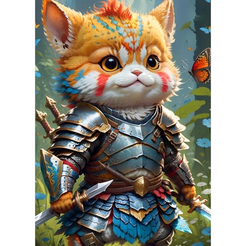 QINRUBB Samurai Katze Diamond Painting Erwachsene, 5D Katze Diamant Painting Bilder Anfänger, DIY Runder Vollbohrer Diamanten Malerei Stickerei Set Kreuzstich Geschenke Home Wand Dekor 30x40cm von QINRUBB