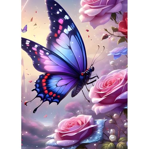 QINRUBB Schmetterling Diamond Painting Erwachsene, 5D Blumen Diamant Painting Bilder Anfänger, DIY Fantasie Runder Vollbohrer Diamanten Malerei Stickerei Kreuzstich Geschenke Home Wand Dekor 30x40cm von QINRUBB