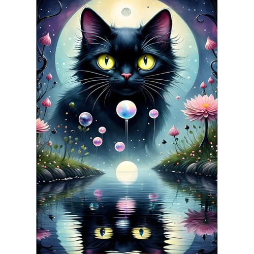 QINRUBB Schwarze Katze Diamond Painting Erwachsene, 5D Spiegelung Diamant Painting Bilder Anfänger, DIY Runder Vollbohrer Diamanten Malerei Stickerei Kreuzstich Geschenke Home Wand Dekor 30x40cm von QINRUBB