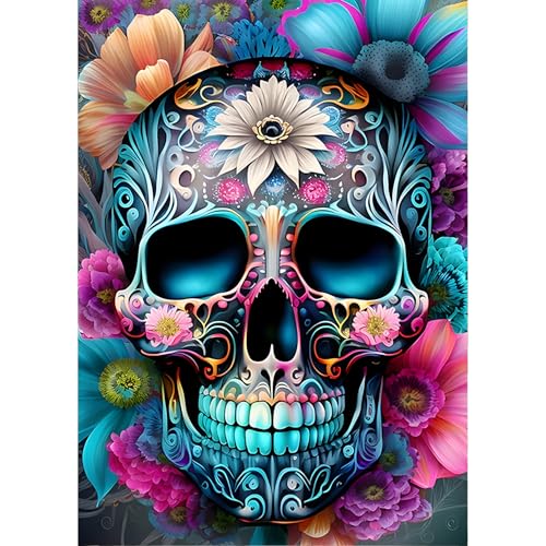 QINRUBB Skelett Diamond Painting Erwachsene, 5D Totenkopf Diamant Painting Bilder Anfänger, DIY Blumen Runder Vollbohrer Diamanten Malerei Stickerei Kreuzstich Geschenke Home Wand Dekor 30x40cm von QINRUBB