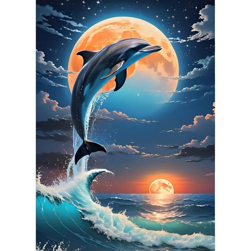 QINRUBB Springender Delphin Diamond Painting Erwachsene, 5D Mondnacht Diamant Painting Bilder Anfänger, DIY Runder Vollbohrer Diamanten Malerei Stickerei Kreuzstich Geschenke Home Wand Dekor 30x40cm von QINRUBB