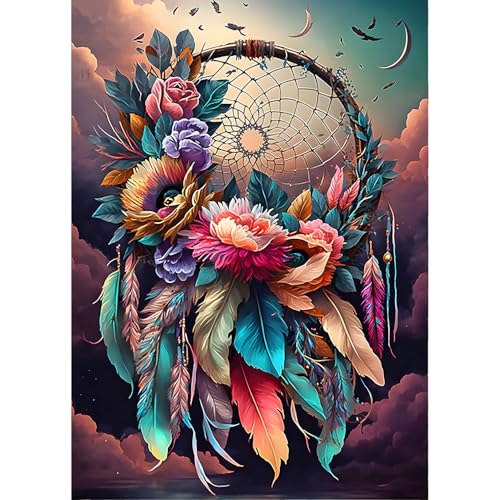 QINRUBB Traumfänger Diamond Painting Erwachsene, 5D Feder Diamant Painting Bilder Anfänger, DIY Traumland Runder Vollbohrer Diamanten Malerei Stickerei Kreuzstich Geschenke Home Wand Dekor 30x40cm von QINRUBB