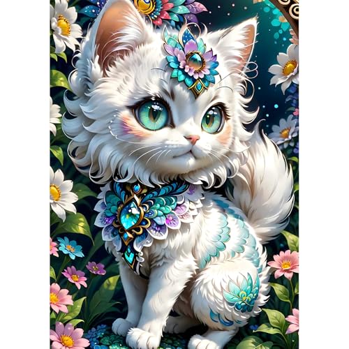 QINRUBB Weiße Katze Diamond Painting Erwachsene, 5D Blumen Diamant Painting Bilder Anfänger, DIY Kätzchen Runder Vollbohrer Diamanten Malerei Stickerei Set Kreuzstich Geschenke Home Wand Dekor 30x40cm von QINRUBB