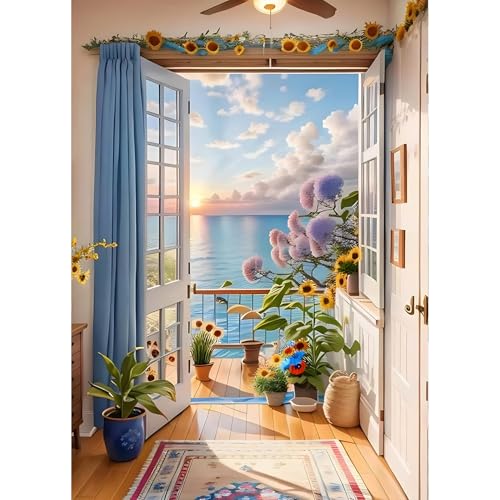 QINRUBB Zimmer mit Meerblick Diamond Painting Erwachsene, 5D Tür Diamant Painting Bilder Anfänger, DIY Runder Vollbohrer Diamanten Malerei Stickerei Set Kreuzstich Geschenke Home Wand Dekor 30x40cm von QINRUBB