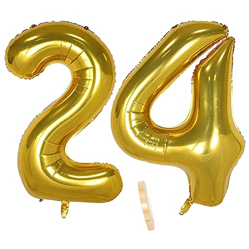 Folienballon Zahl Deko Gold 24 für Frauen Männer, XXL 100cm Riesen Nummer Aufblasbar Helium Ballon Figuren Zahlen Luftballons für 24. Jahre Mann Frau Geburtstag Hochzeit Jubiläum Party Dekoration von QIUJUNDE