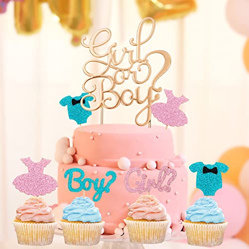 Tortendeko Boy or Girl für Gender Reveal, Junge oder Mädchen Kuchen Muffin Deko Tortenaufleger Cupcake Topper Tortenstecker Tortenaufsatz Zahnstocher für Baby Duschen Shower Familie Party Dekoration von QIUJUNDE