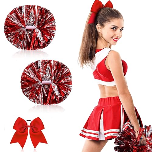 QIUMING 2 Pompoms + Haarband Cheerleader Pompons Metallic-Folie Pom Poms Cheerleader Pompons mit Griffen für Sport Wettbewerb Tänze Karnevalspartys Verwendet (Rot +silbrig) von QIUMING