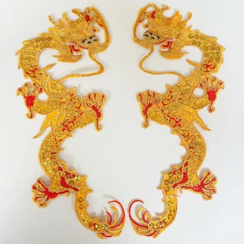 QIUMING 2 Stück goldene Pailletten-Stickerei, chinesischer Drache, zum Aufnähen und Aufbügeln, Aufnäher, Cheongsam-Applikation, Kragen, Partykleid, Kleid, Kleidung, Basteln von QIUMING