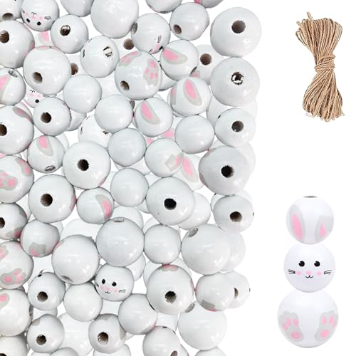 QIUMING 60pcs ostern holzperlen holzperlen mit gesicht ostern Holzperlen Kaninchen Osterdekoration teiliges Oster-Holzperlen-Set für Ostern Frühling Girlande DIY Urlaubsdekoration (Weiß) von QIUMING