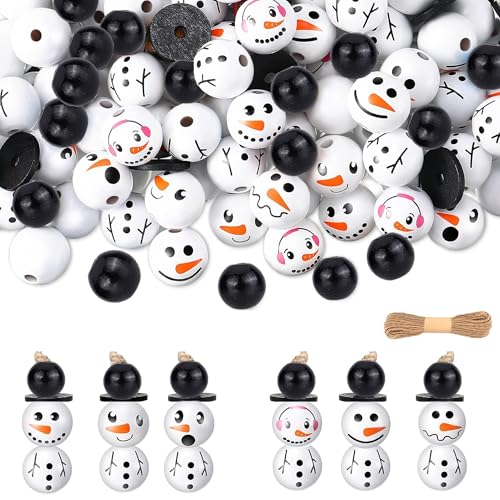 QIUMING 96pcs Schneemann-Holzperlen Natürliche Holzperlen Weihnachten Schneemann-Holzperlen mit 10m Hanfseil für DIY Handgefertigte Dekorationen Basteln Bastelperlen (Schneemann) von QIUMING