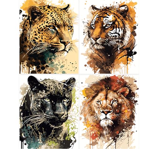 QIUQI 4 Stücks Diamond Painting Tier Set,5D Diamant Painting Bilder Tiger Löwe, Diamant Painting Full Set Geeignet für Erwachsene, Diamant Malerei Kits für Schlafzimmer Wohnzimmer Wand Deko von QIUQI