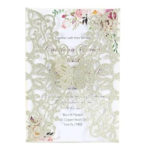 QIUSHIBO Hochzeitskarte 10/20/50 stücke Schmetterling Hochzeit Einladung Karte Geburtstag Party Glitter Einladung Karte Grußkarten Hochzeitskarten(Light Gold,50pcs) von QIUSHIBO