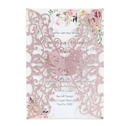 QIUSHIBO Hochzeitskarte 10/20/50 stücke Schmetterling Hochzeit Einladung Karte Geburtstag Party Glitter Einladung Karte Grußkarten Hochzeitskarten(Rose Pink,10pcs) von QIUSHIBO