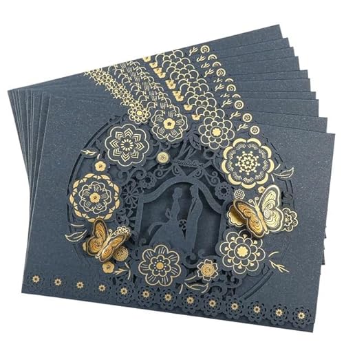 QIUSHIBO Hochzeitskarte 10 Teile/Paket 3D Schmetterling Hochzeit Einladungskarten Blume Braut Bräutigam Aushöhlen Glänzende Perle Papier Karte Halter Hochzeitskarten(10pcs Blue Card) von QIUSHIBO