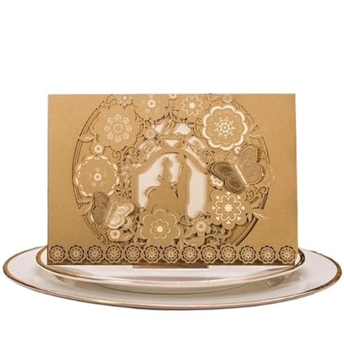 QIUSHIBO Hochzeitskarte 10 Teile/Paket 3D Schmetterling Hochzeitseinladungen Karte Kit Flora Geschnitzte Hochzeitskarten Event Party Einladungen Hochzeitskarten(10pcs Gold Cover) von QIUSHIBO