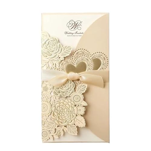 QIUSHIBO Hochzeitskarte 10 Teile/los Nvitation Karten Gold Rot Weiß Blume Design Hochzeit Einladung Karten Elegante Grußkarten Mit Band Hochzeitskarten(Ivory) von QIUSHIBO