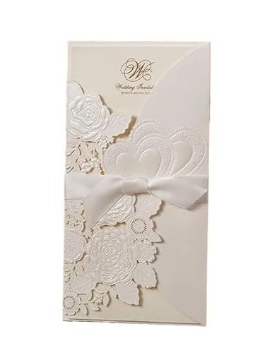 QIUSHIBO Hochzeitskarte 10 Teile/los Nvitation Karten Gold Rot Weiß Blume Design Hochzeit Einladung Karten Elegante Grußkarten Mit Band Hochzeitskarten(White) von QIUSHIBO