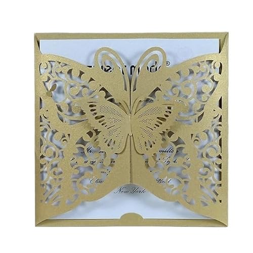 QIUSHIBO Hochzeitskarte 50 Teile/Paket Aushöhlen Hochzeitseinladungskarte 3D Schmetterling Geschnitzte Muster Glänzende Hochzeitskarte Taufe Bithday Party Versorgung Hochzeitskarten(Gold) von QIUSHIBO