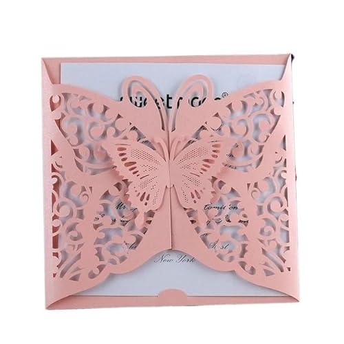 QIUSHIBO Hochzeitskarte 50 Teile/Paket Aushöhlen Hochzeitseinladungskarte 3D Schmetterling Geschnitzte Muster Glänzende Hochzeitskarte Taufe Bithday Party Versorgung Hochzeitskarten(Pink) von QIUSHIBO