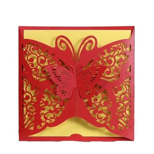 QIUSHIBO Hochzeitskarte 50 Teile/Paket Aushöhlen Hochzeitseinladungskarte 3D Schmetterling Geschnitzte Muster Glänzende Hochzeitskarte Taufe Bithday Party Versorgung Hochzeitskarten(Red) von QIUSHIBO