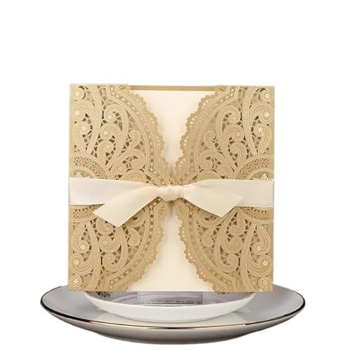 QIUSHIBO Hochzeitskarte Hochzeitseinladungen, 50 Stück, Elegante Spitzen-Einladungen, Geburtstagsparty, Hochzeitseinladungskarte Hochzeitskarten(Gold) von QIUSHIBO