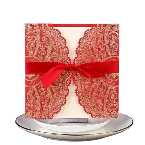 QIUSHIBO Hochzeitskarte Hochzeitseinladungen, 50 Stück, Elegante Spitzen-Einladungen, Geburtstagsparty, Hochzeitseinladungskarte Hochzeitskarten(Red) von QIUSHIBO