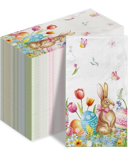 100 Osterservietten Ostern Einweg-Papier Dekorative Gästeservietten Häschen Blume Ostereier Einweg Dekorative Hand Papierserviette Handtuch für Badezimmer Party Supplies Tischdekoration von QIYANPAX